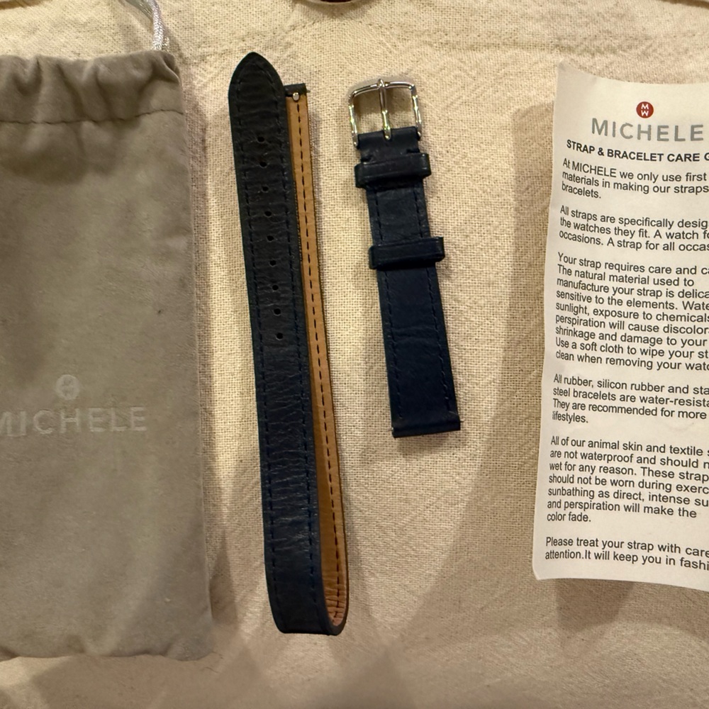 Michele Navy Double Wrap Leather Watch Strap with Silver Buckle 16mm
